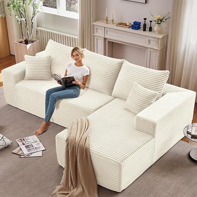 107" W Cloud Sectional Couch with L-Shape Chaise, Modern Corduroy Boneless Couch for Living Room,Memory Foam Sofa with Deep Seat,No Assembly Required (White,Right-Facing Chaise)