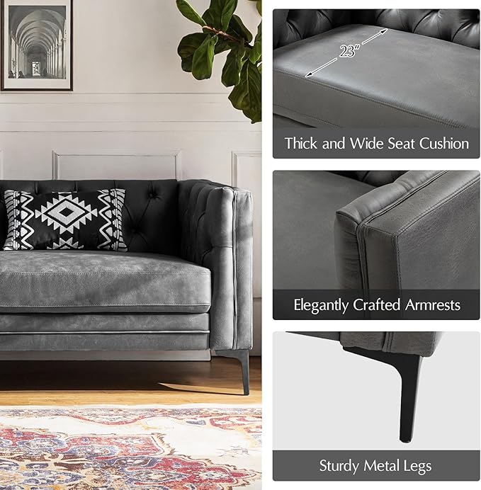 HULALA HOME 84" W Faux Leather Sofa Couch with Metal Legs, Button-Tufted 3-Seater Sofa, Mid Century Modern Contemporary Upholstered Couch for Living Room, Entertainment Area, Apartment,Grey