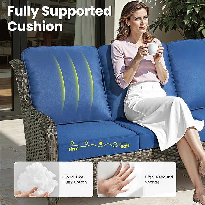 ovios 6 Pieces Patio Furniture Set, Outdoor Wicker Sofa Couch with Swivel Chairs Ottomans Comfy Cushions, High Back Modern All Weather Conversation Sets, Brown Rattan, Navy Blue