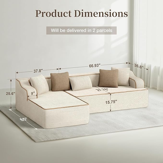 SUNSHINE VALLEY Cloud Sectional Couch for Living Room, 104'' L-Shaped Modular Sofa with Chaise, Modern Corduroy Boneless Couch with Deep Seat, No Assembly Required, Beige
