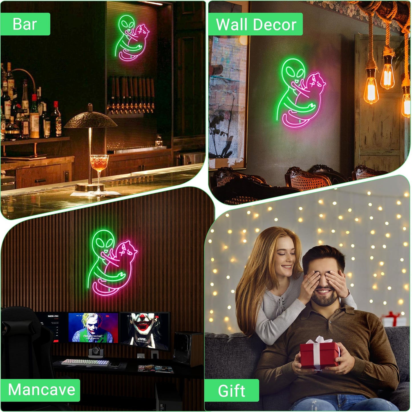 Kavaas Alien Cat Neon Sign, Green Alien Petting Cat LED Light for Game Room, Party, Bar, Man Cave Decor | Alien Neon Light Wall decor - Best Gifts for Alien Fans, Teenage Boys, Kids