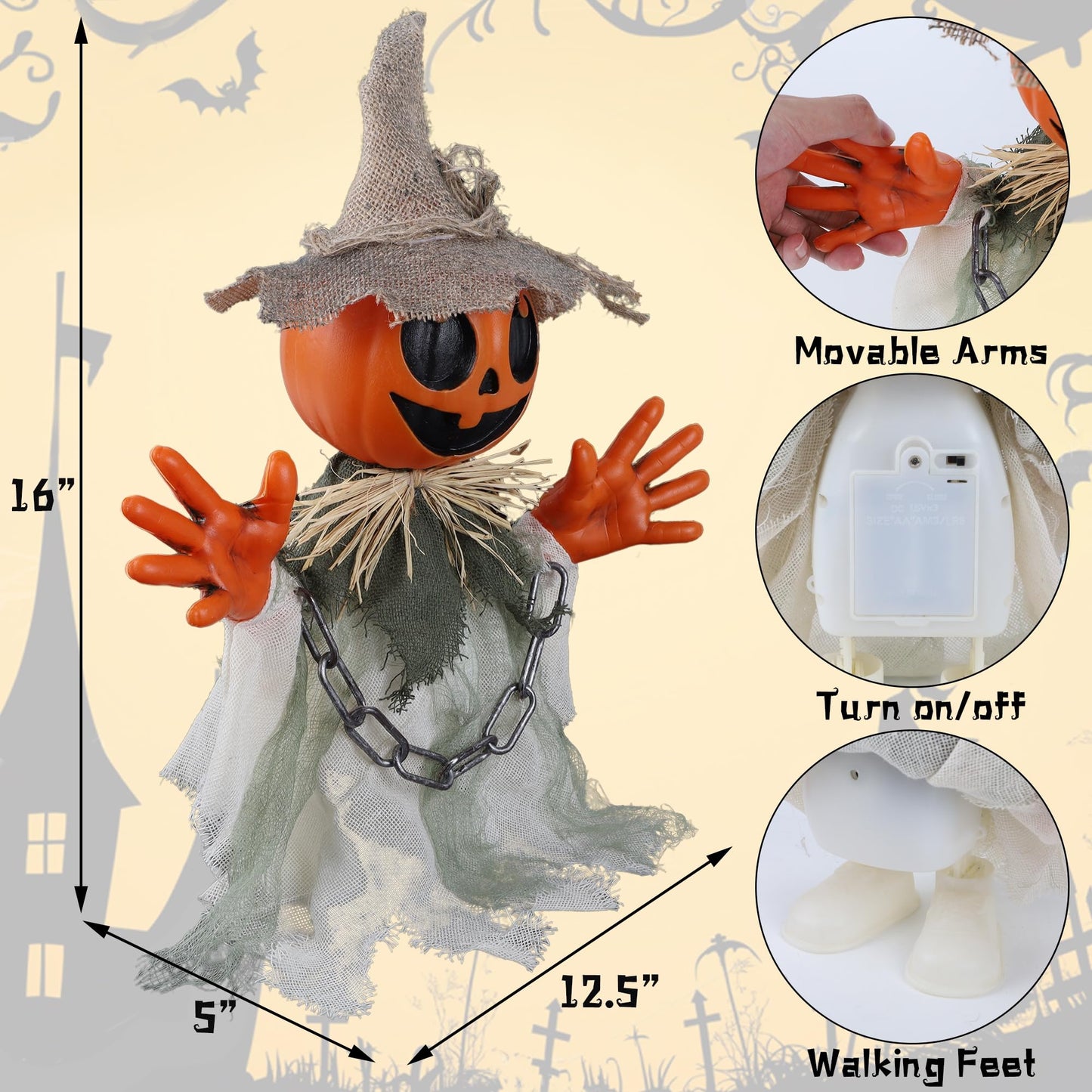 Prsildan Animatronic Halloween Decorations – 16″ Walking Pumpkin Ghost with Sound & Touch Sensor, Scary-Cute Animated Halloween Prop with Spooky Sound for Indoor Home & Outdoor Yard, Lawn Decor