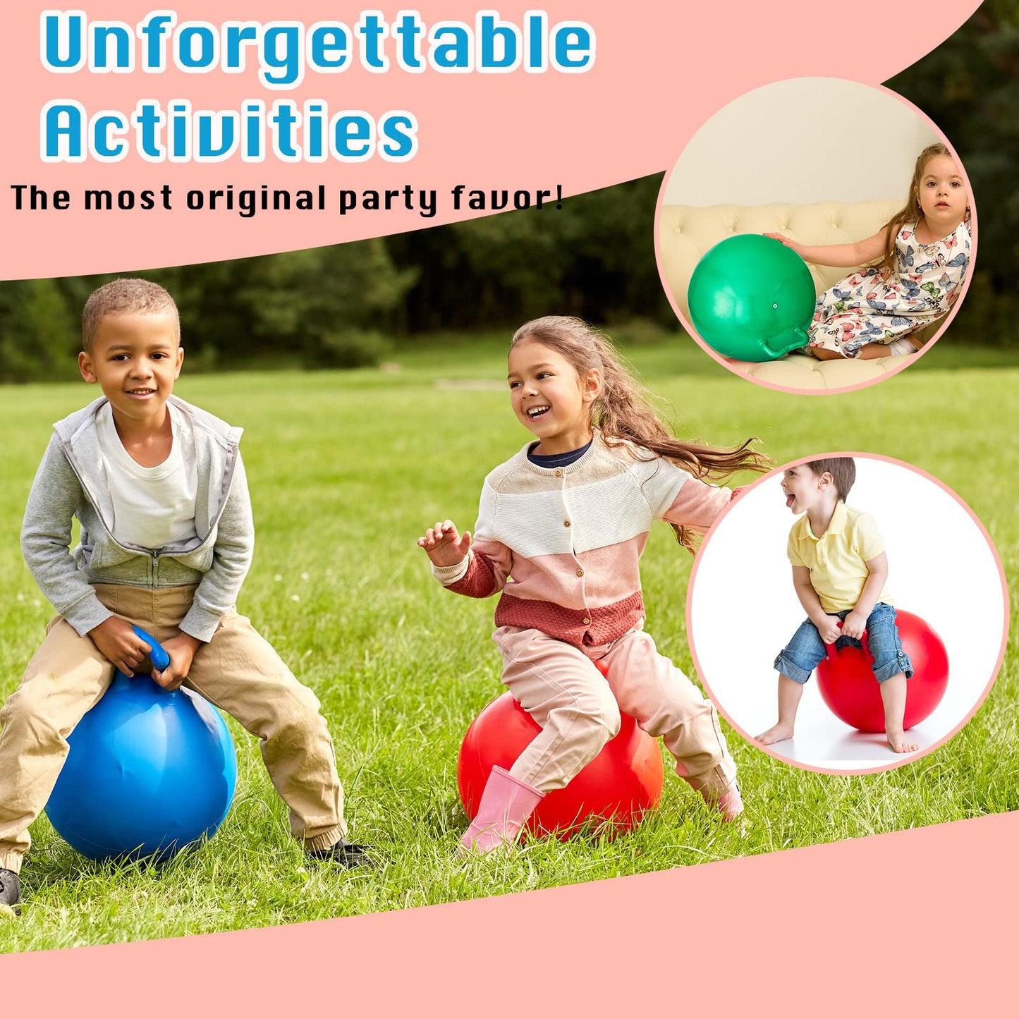 Lewtemi 3 Pcs 22 Inch Bouncing Ball with Handle, Outdoors Hopper Jumping Hopping Ball and Air Pump for Sports School Games Exercise (Red, Blue, Green)
