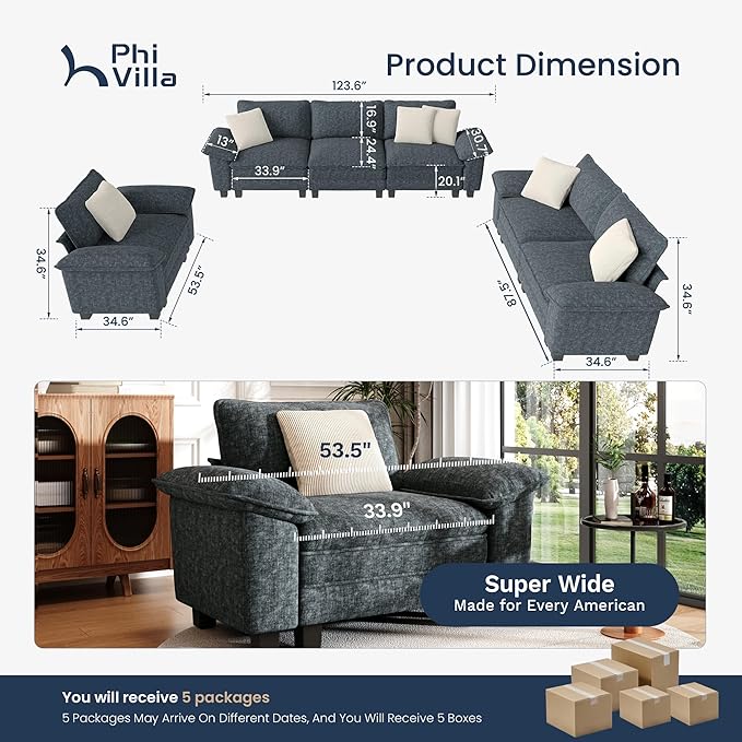 PHI VILLA Cloud Modular Couches Sets, 3 Pieces Large Sectional Sofa Set with Loveseats & Single Sofa, 6-Seater Upholstered Couch for Living Room, Chenille Fabric, Dark Cyan