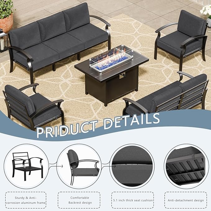 RTDTD Aluminum Outdoor Patio Furniture Set,5 Pieces 7 Seats Patio Conversation Sets with 45" Propane Fire Pit Table,Metal Patio Sectional Furniture Set w/5.1" Cushions for Porch,Deck,Backyard,Grey