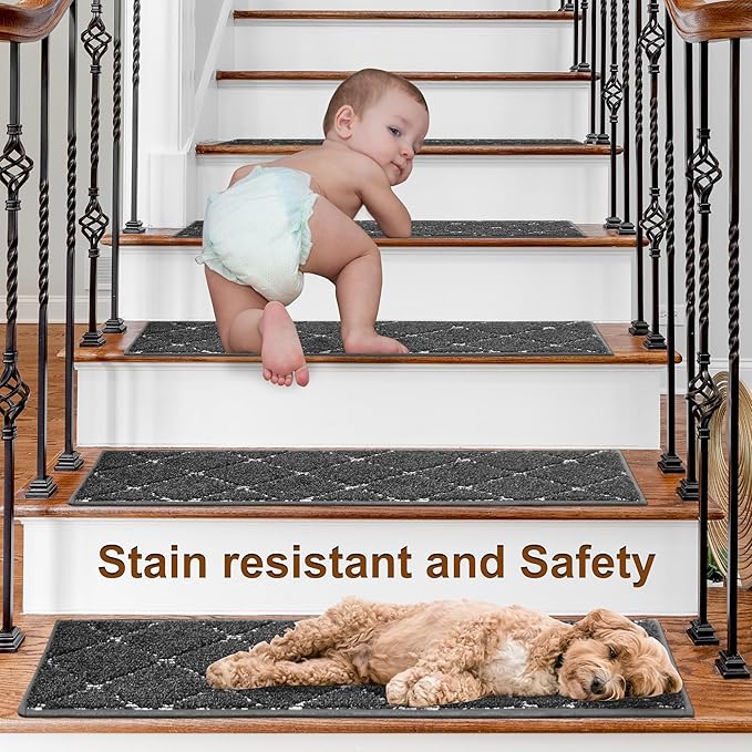 BEQHAUSE Stair Treads for Wooden Steps Polyester Soft Stair Runner Self-Adhesive Stair Rugs Non Slip for Dogs and Kids with TPE Backing 28inX9in Washable Stairs Carpet 4pcs,Dark Grey
