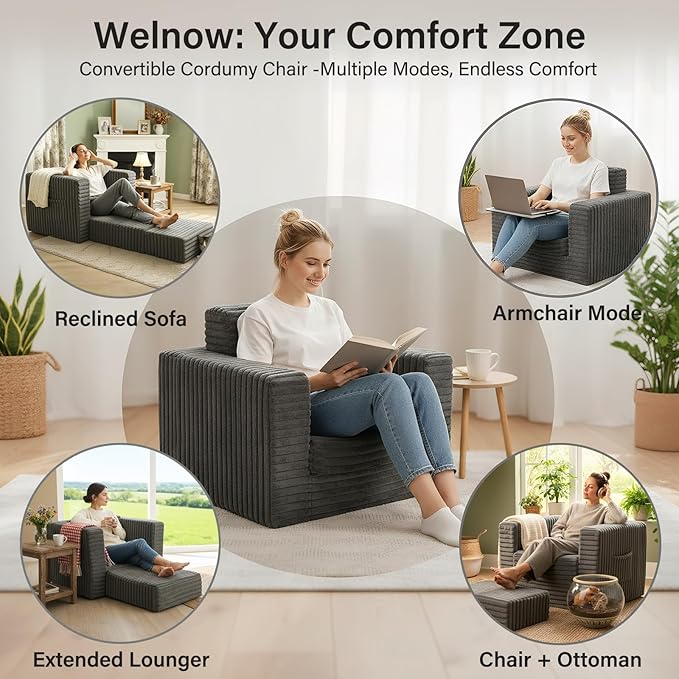 Welnow Folding Sofa Bed with Ottoman, Convertible 2-in-1 Boneless Couch Futon Lounge Chair Bed for Adults, Comfy Fold Out Sleeper Sofa for Small Spaces, Living Room, Bedroom, or Dorm, Dark Grey