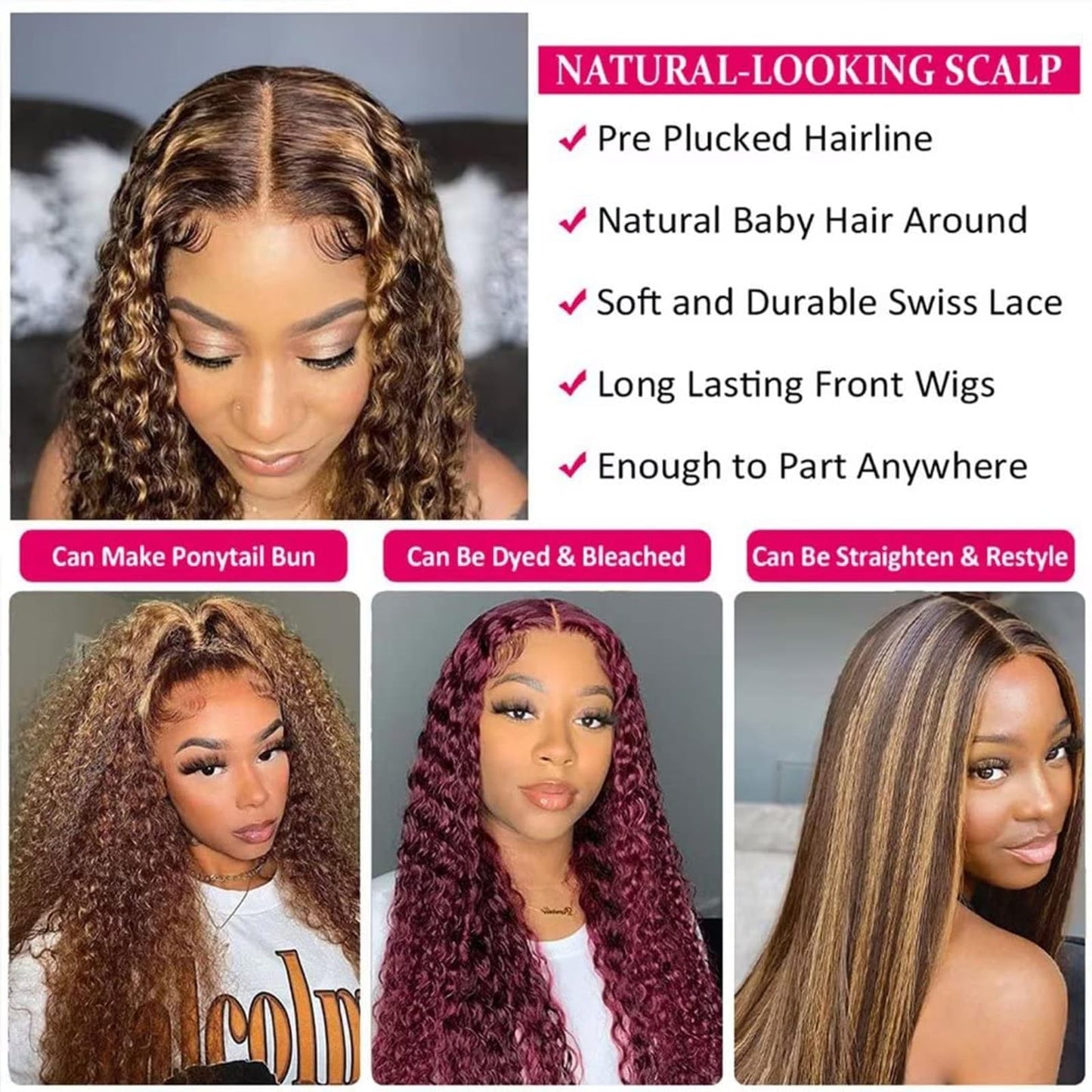 Luxvogue Highlight P4/30 Jerry Curly Human Hair Wig - Pre Plucked Lace Frontal Closure, Pre Cut, Glueless With Elastic Band - 20