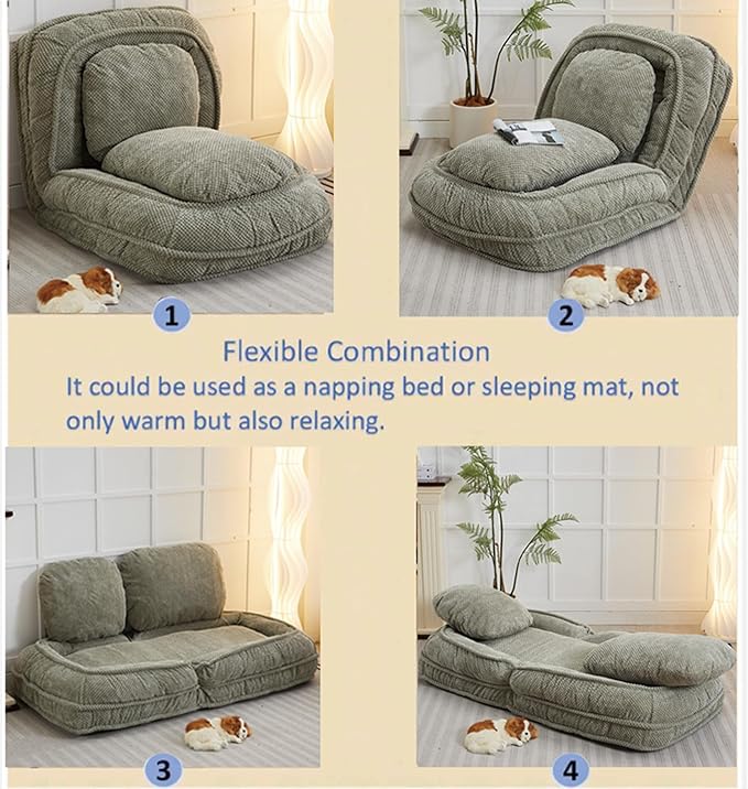 KEIKI Foldable Tatami Lazy Sofa Couch Bed with 5 Adjustable Position, Minimalist Style Space Saving Design Human Dog Bed with Cushion Back, Easy Assembly, for Apartment, Living Room, Bedroom, Green