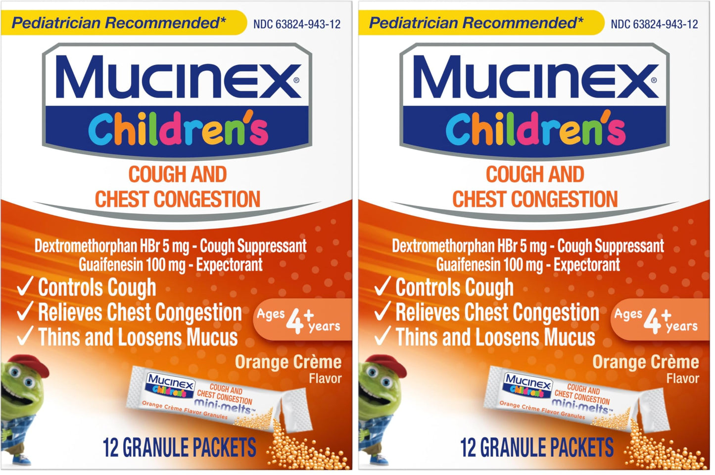 Mucinex Children's Chest Congestion Expectorant and Cough Suppressant Mini-Melts, Orange Cream, 12 Count (Packaging May Vary) (Pack of 2)