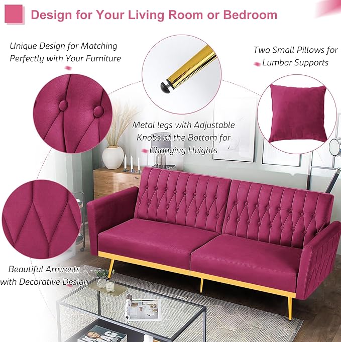 ACMEASE 70” Velvet Futon Sofa Bed with 2 Pillows and Adjustable Armrests, Convertible Sleeper Bed W/Adjustable Backrests, Modern Loveseat for Living Room, Bedroom, Fuchsia