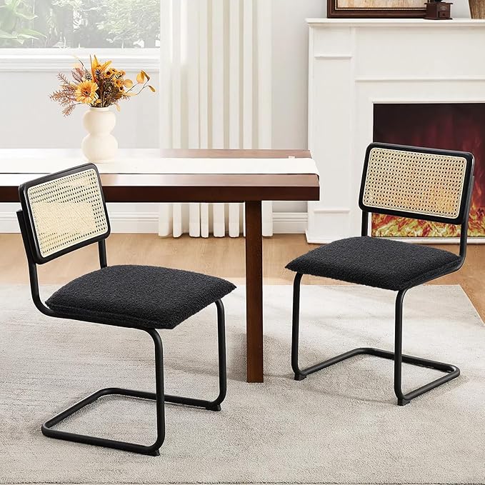 Zesthouse Natural Rattan Dining Chairs Set of 2, Modern Kitchen Chairs with Solid Wood Back for Dining Room Living Room, Mid Century Breuer Design Inspired, Upholstered Boule Fabric, Black