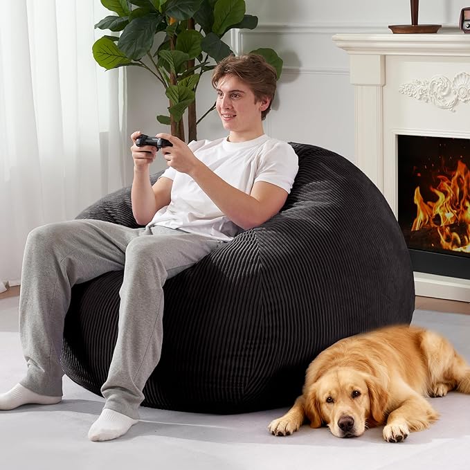 Homguava 4FT Bean Bag Chair for Adults,Teardrop Bean Bags Big Beanbag Chair with Memory Foam Filled and Ultra Soft Removable Corduroy Cover for Living Room, Bedroom (Black)
