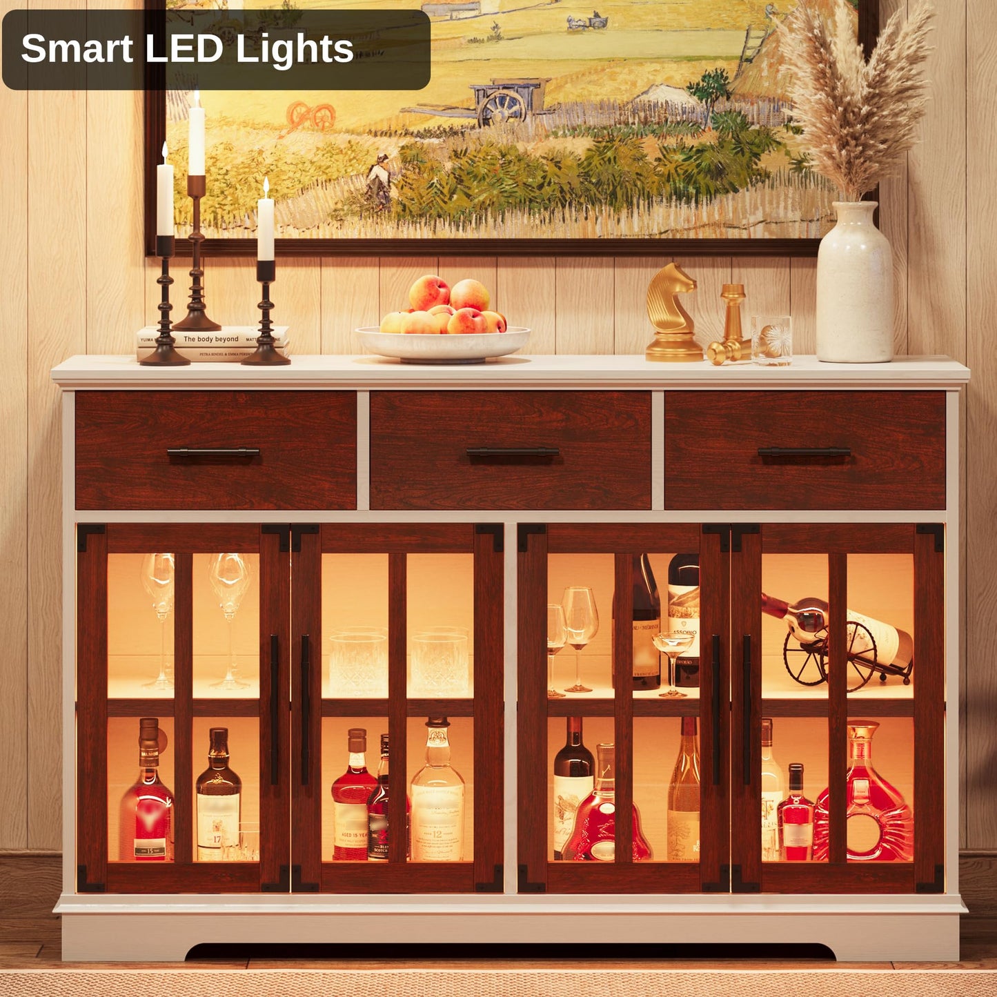IRONCK Buffet Cabinet with Storage, 55" Large Sideboard Buffet Storage with LED Lights, Farmhouse Coffee Bar Wood Liquor Cabinet for Kitchen, Dining Room, Red Walnut