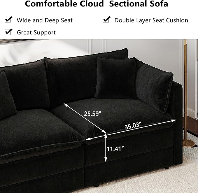 Aoowow Modular Sectional Sofa Modern Convertible Loveseat Couch,77.16 Inch Deep 2-Seater Sofas Comfy Chenille Cloud Sofas and Couches Set with Movable Ottoman for Living Room Apartment（Black）