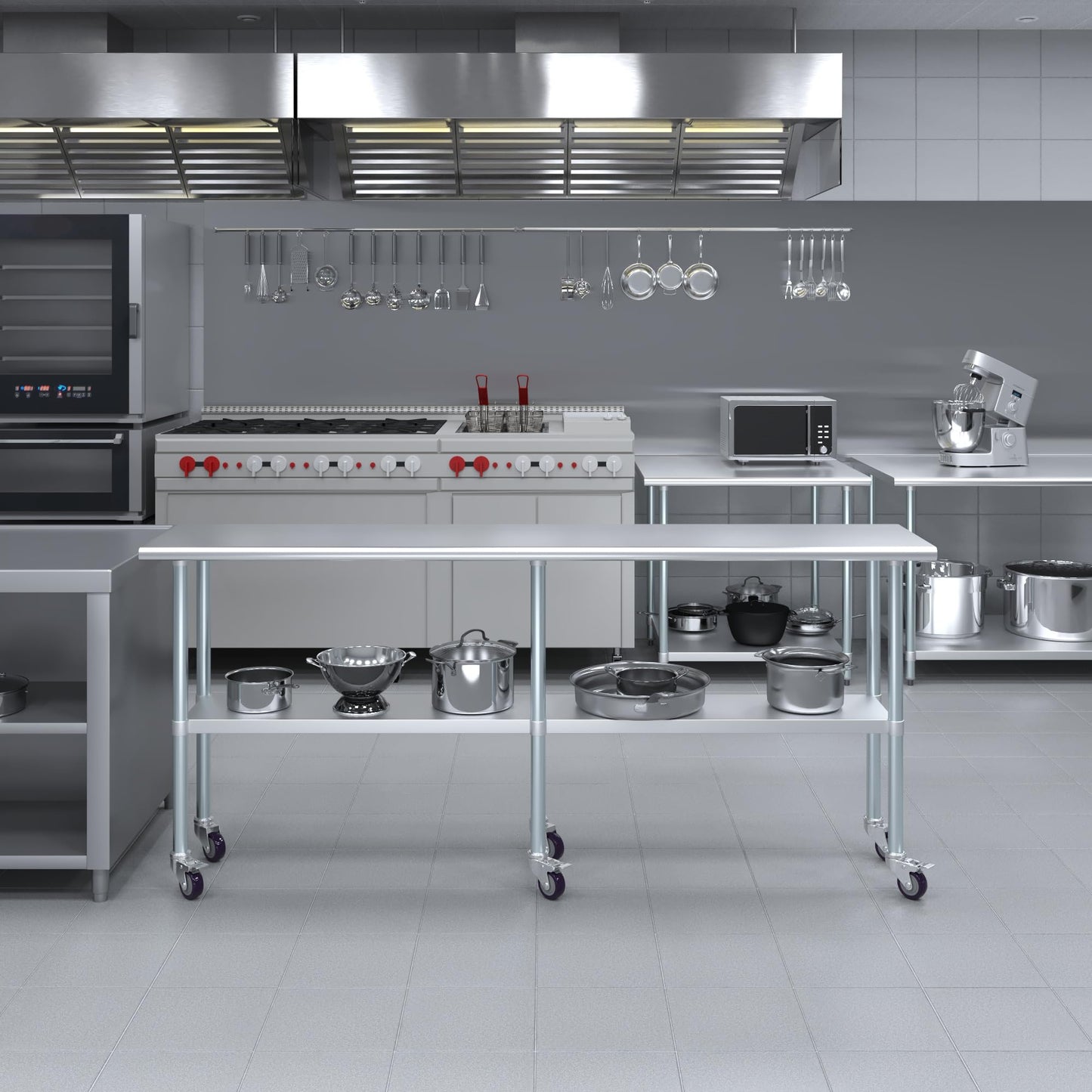 AmGood 18 in. x 84 in. Stainless Steel Work Table with Wheels | Metal Kitchen Food Prep Table | NSF