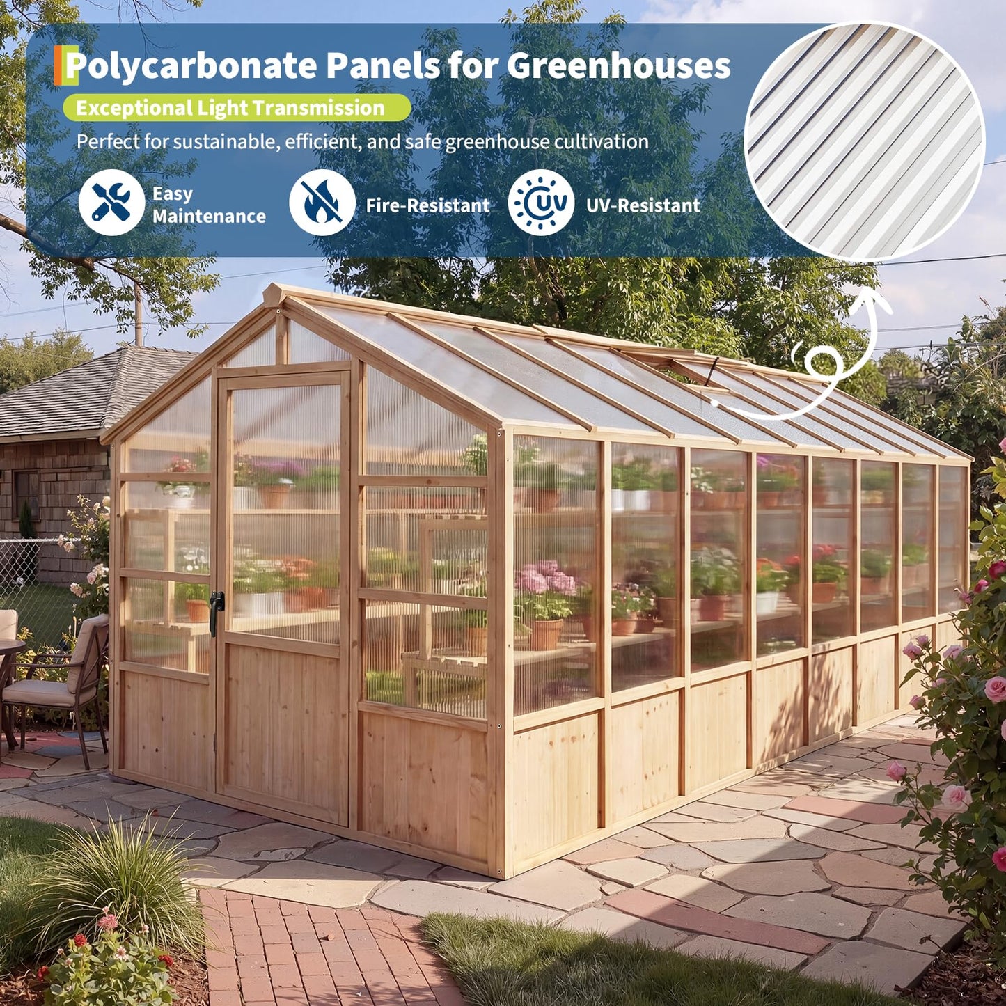 8x16FT Wooden Greenhouse for Outdoor, Walk-in Large Wood Frame Green House Greenhouse Kit with Ventilated Window Lockable Door and Polycarbonate Panels for Garden Backyard Patio Lawn Plant