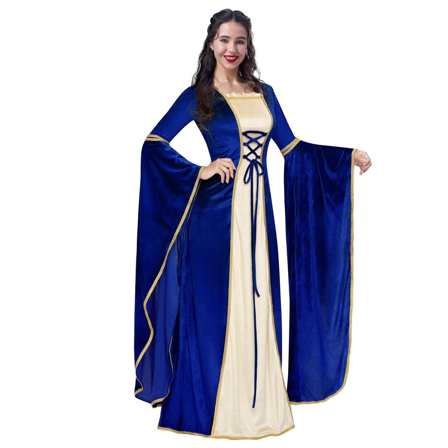 Spooktacular Creations Renaissance Costume Women, Blue Velvet Medieval Dress for Women, Irish Fairy Renaissance Dress with Decorated Lace for Wedding, Halloween Cosplay Themed Party (X-Large)