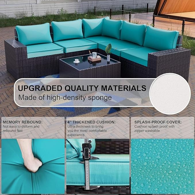Kullavik Outdoor Patio Furniture Set,12 Pieces Sectional Rattan Sofa Set Brown PE Rattan Wicker Patio Conversation Set with 10 Seat Cushions and 2 Tempered Glass Coffee Table,Turquoise Blue