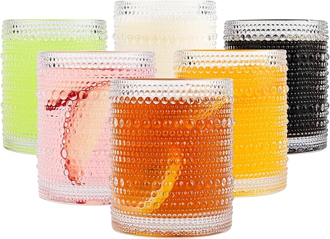 ZMOWIPDL Vintage Glassware Drinking Glasses Set of 6,12 oz Hobnail Glass Cups,Embossed Clear Water Tumbler,for Beer,Cockta...