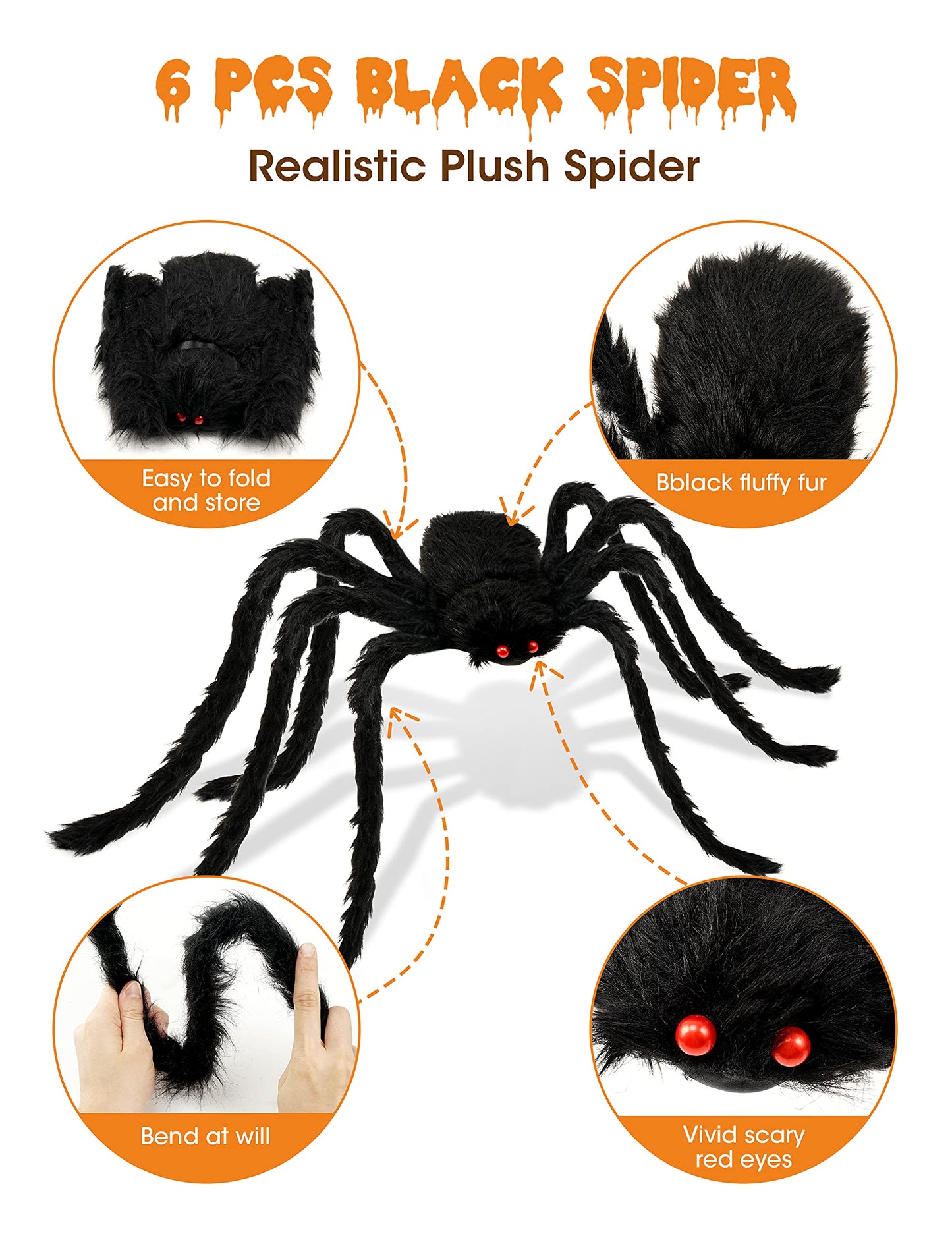 HOPOCO Halloween Plush Spiders Set Scary Fake Spider for Indoor Outdoor Halloween Decor for Home Party Yard Haunted House Decorations (6 in 1)