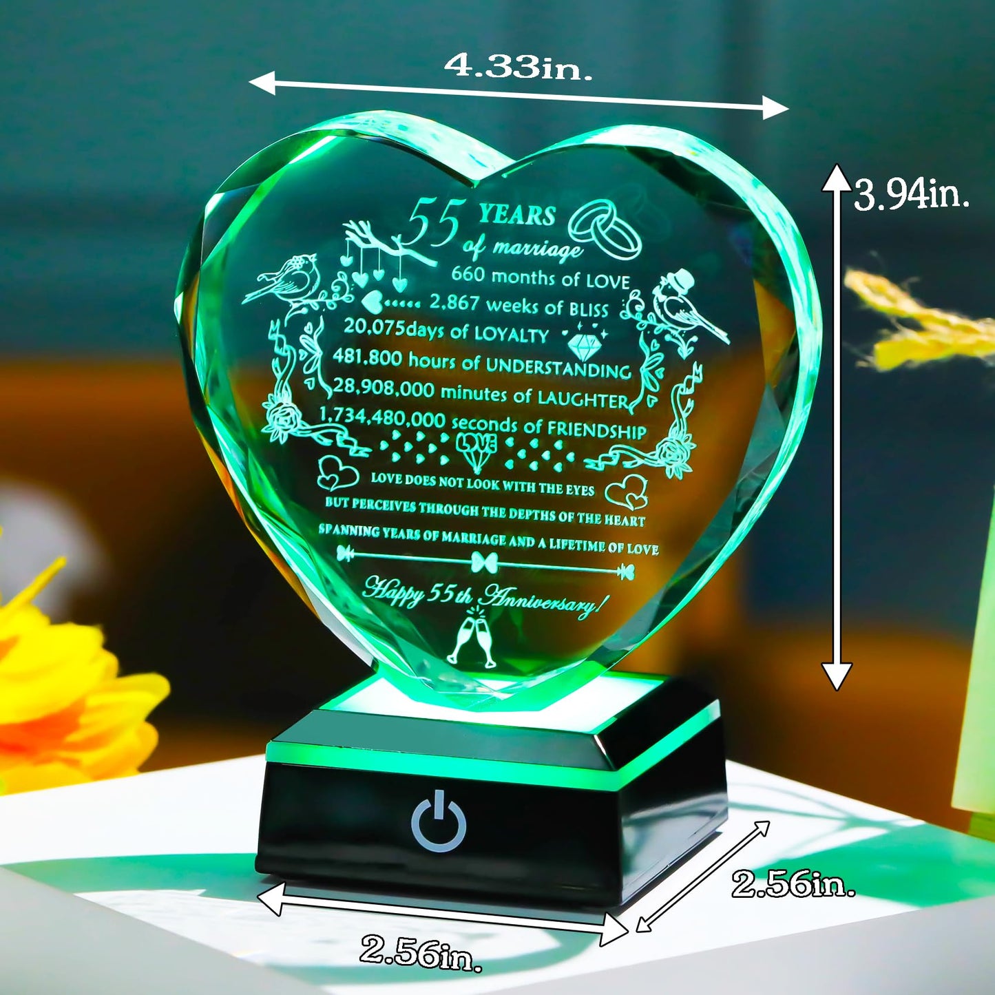 YWHL 55th Wedding Anniversary Heart Gifts with Colorful LED Base Engraved Happy 55th Anniversary Crystal Keepsake Gift for Couples Parents Romantic 55 Years of Marriage Gifts for Wife Husband