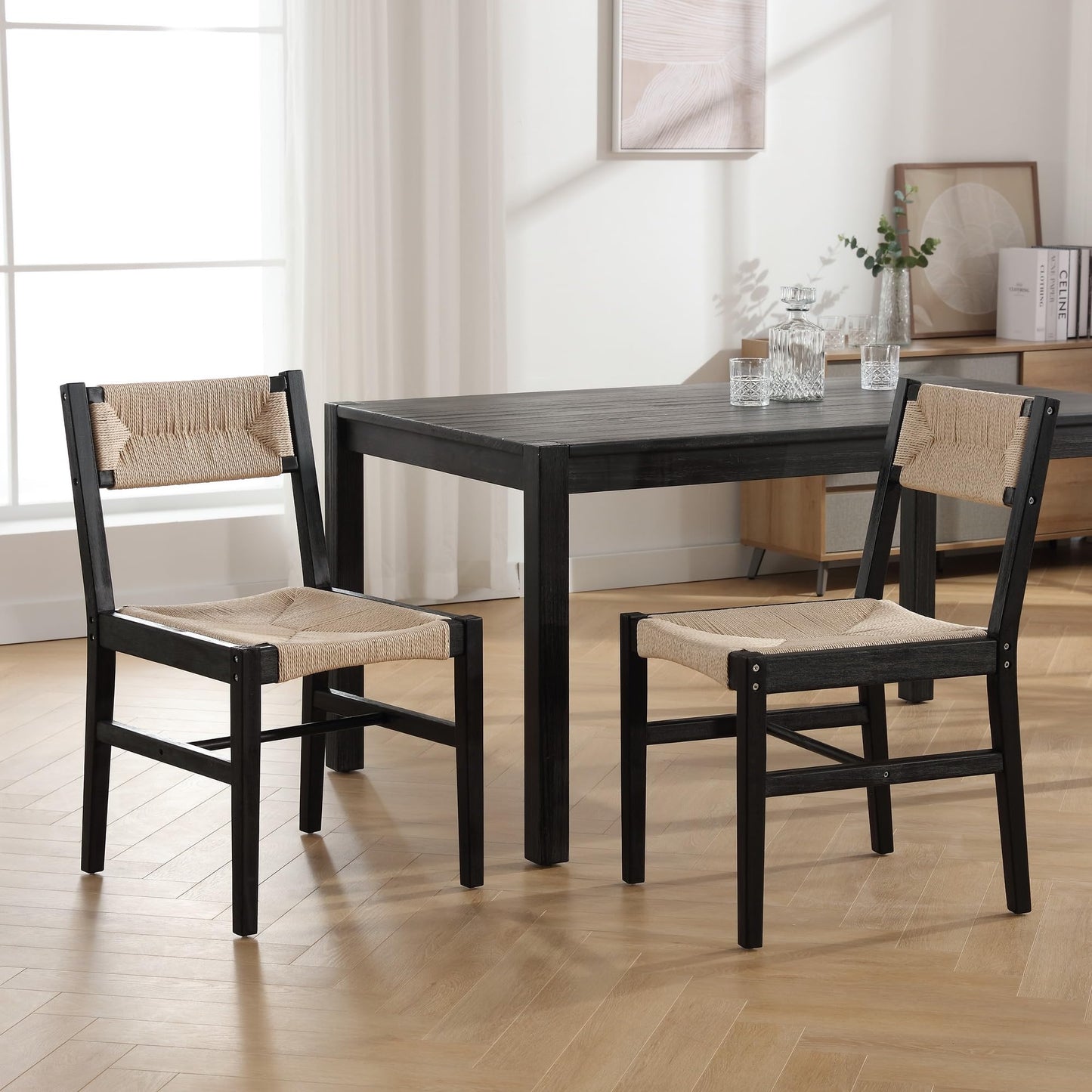 BESTANO Mid Century Modern Weave Rattan Dining Chairs Set of 4, Black Beechwood Farmhouse Boho Dining Room Chairs Wicker Chairs with Back