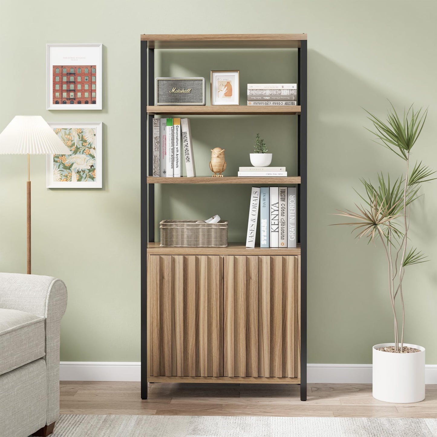 UEV 5 Tier Wood Boho Bookshelf with Storage Door,Fluted 71 in Tall Bookshelf with Metal Stand,Mid Century Modern Large Accent Bookcase for Living Room,Bed Room (Wood, 1 Piece)