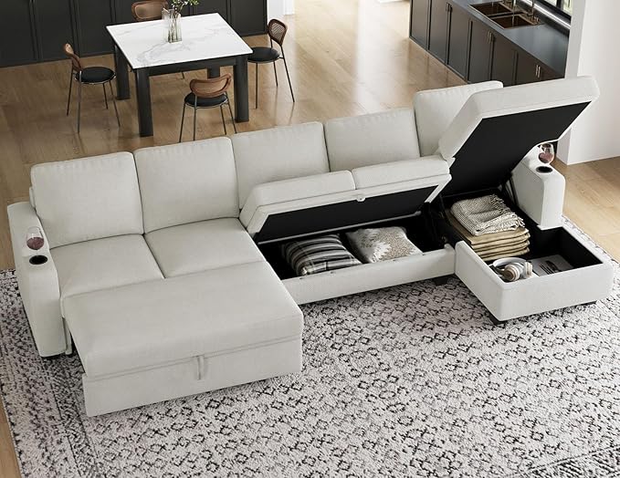 Belffin Modular Sectional Sleeper Sofa Bed with Storage Chaise L Shaped Sectional Couches for Living Room Armrest with Cup Holder. White Couch