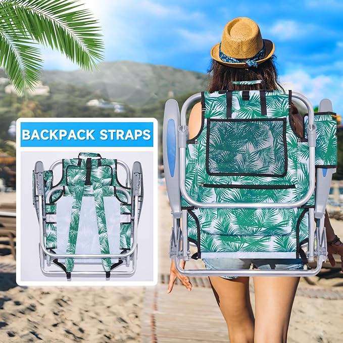 Canpsky Portable Beach Chair for Adults, Outdoor Camping Chair Lay Flat Folding Backpack Beach Reclining Chair with 5 Positions, Headrest, Cup Holder, Heavy Leaf