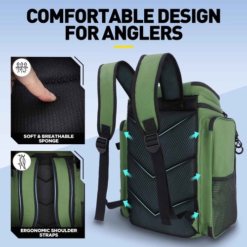 PLUSINNO Fishing Backpack with Rod Holders 4 Tackle Boxes, 42L Large Water-Resistant Fishing Tackle Bag Store Fishing Gear for Fishing, Camping, Hiking, Fishing Gifts for Men Father, Green