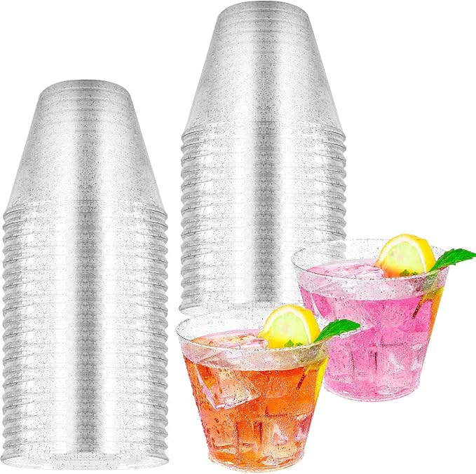 HKACSTHI 25 Pieces 9oz Plastic Cups Disposable Glitter Wine Glasses Clear Plastic Tumblers Dessert Cups Drinking Cups for ...
