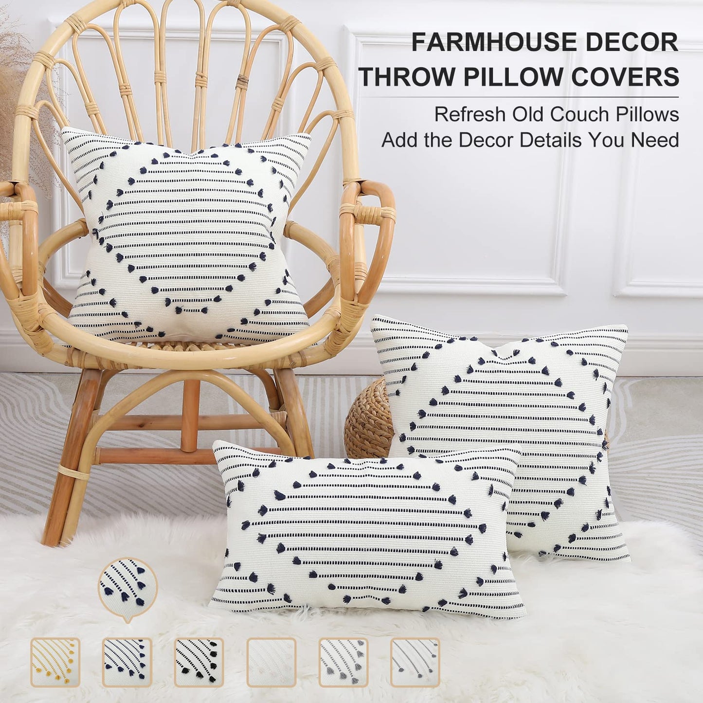 Mecatny Boho Outdoor Throw Pillow Covers 12X20 Set of 2, Farmhouse Lumbar Summer Pillow Covers for Couch Sofa Living Room, Navy & Cream White