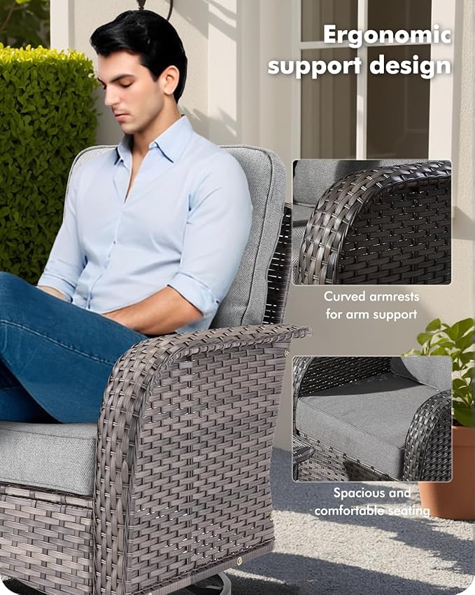 7-Piece Wicker Patio Furniture Set, All-Weather Rattan Conversation Bistro Loveseat Chair and Patio Rockers Set for Backyard, Balcony and Deck with Soft Cushions and Metal Table(Dark Gray)