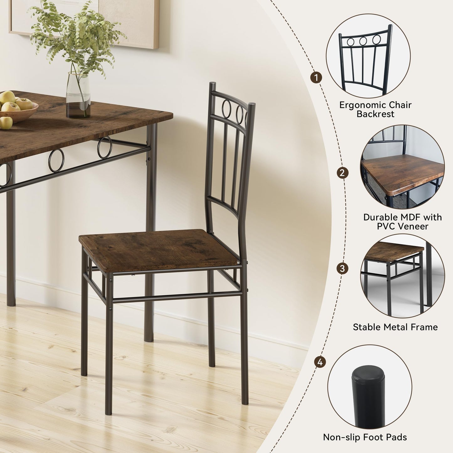 AMICLIBER Dining Table Set for 4, 5-Piece Kitchen Table and Chairs, Rectangular Dining Room Table Set with 4 Chairs, Space-Saving Kitchen Table Set for Small Space,Dinette,Apartment,Retro Brown