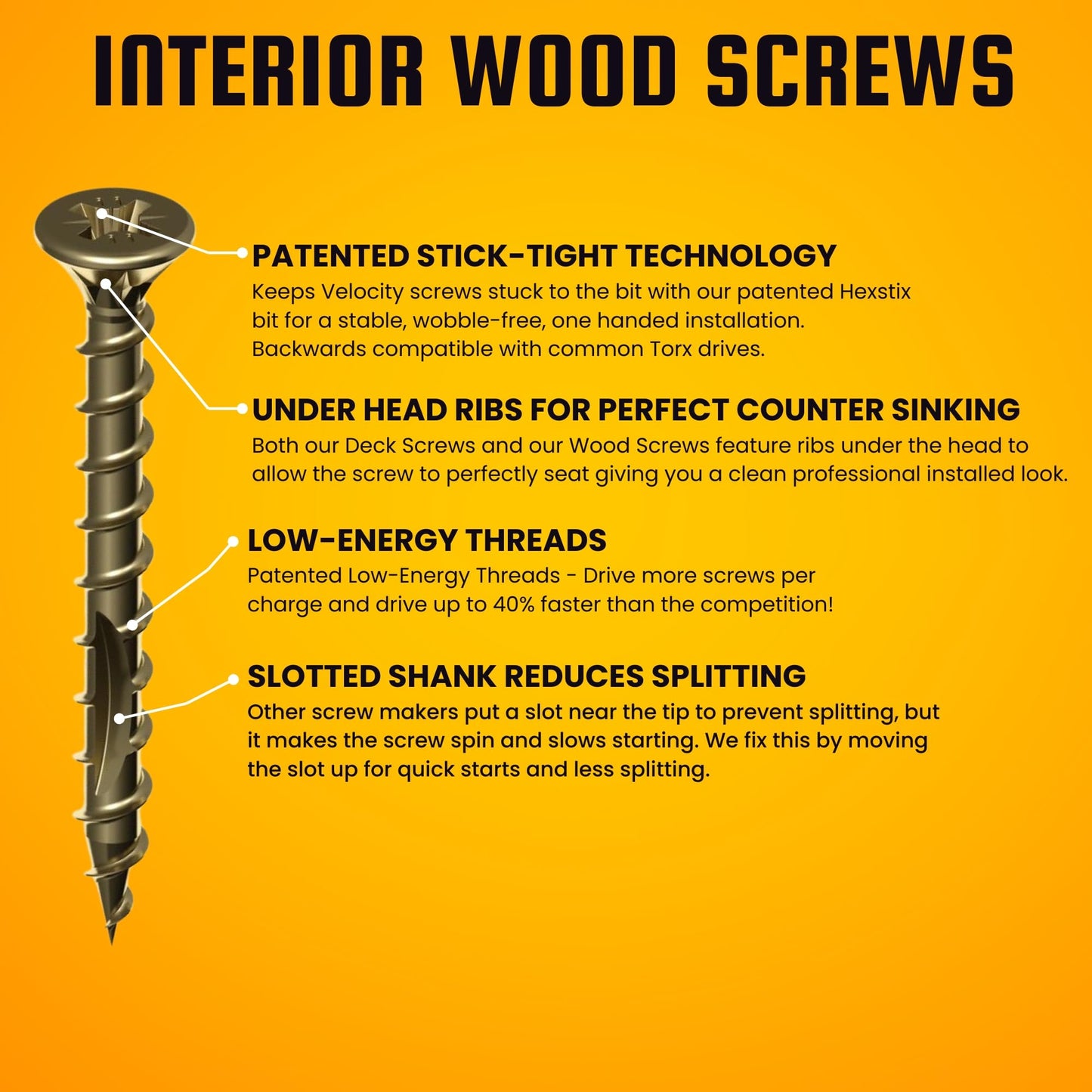 Velocity Interior 2 Inch Wood Screws DIY Pack (Size #8, 75 Pcs) – Zinc and Yellow Coating, Stick-Tight Technology, Screw for Wood Working with PSD ACR Driver Bit