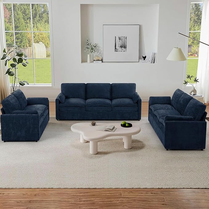 ACMEASE 3 Pieces Chenille Sofa Set w/Arm Pillows, Upholstered Loveseat & 2 Pieces 3 Seater Sofa w/Comfortable Back Cushions, Modern 2-Seat & 3-Seat w/High-Density Foam for Living Room, Blue
