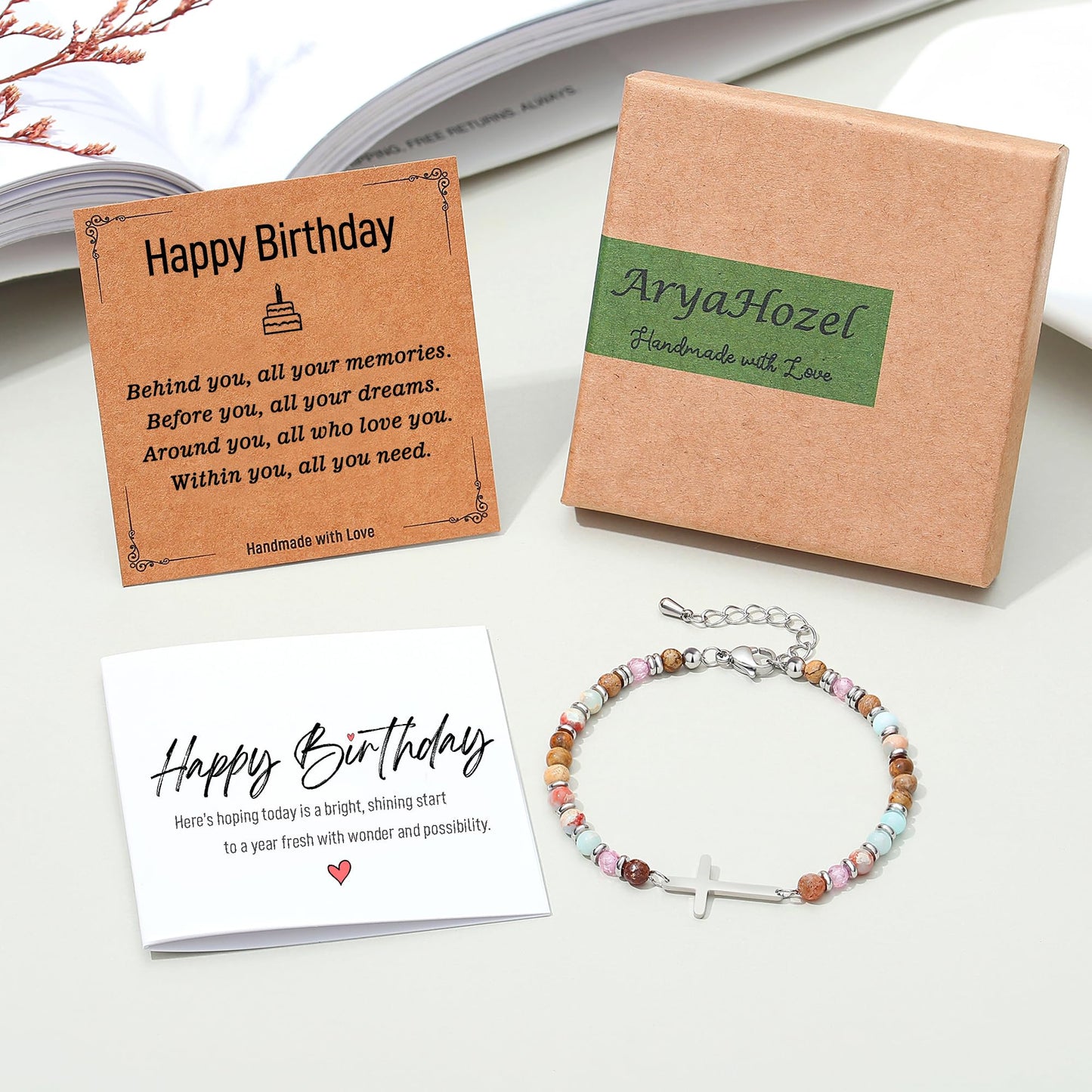 AryaHozel Birthday Gifts for Women, Cross Bracelet, Happy Birthday Decorations Womens Bday Gifts Ideas for Her Sister Friend Wife Mom Daughter 16th 21st 25th 30th 40th 50th 60th 65th Friendship