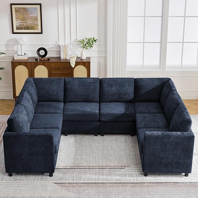 104'' U Shaped Modular Sofa, Sectional Couches with Storage for Living Room, Oversized 8 Seater Cloud Sectional Couch, Chenille Navy