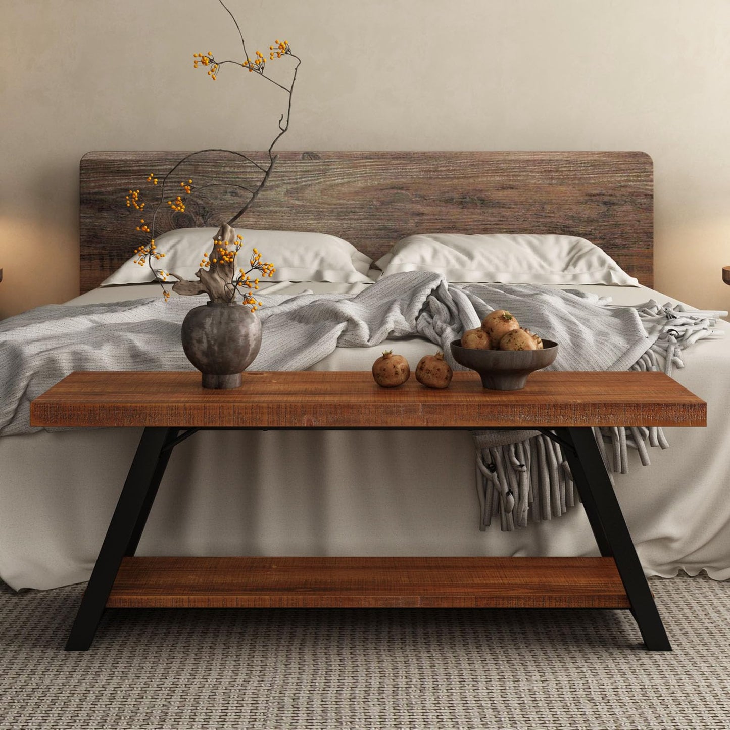 IBF Solid Wood Entryway Bench, Natural Real Wood Storage Bench, Farmhouse Wooden Shoe Bench in Entry Way Hallway Foyer Rack, Bedroom Bench Seat for Living Bed Mud Room Indoor, Rustic Brown, 47 Inch