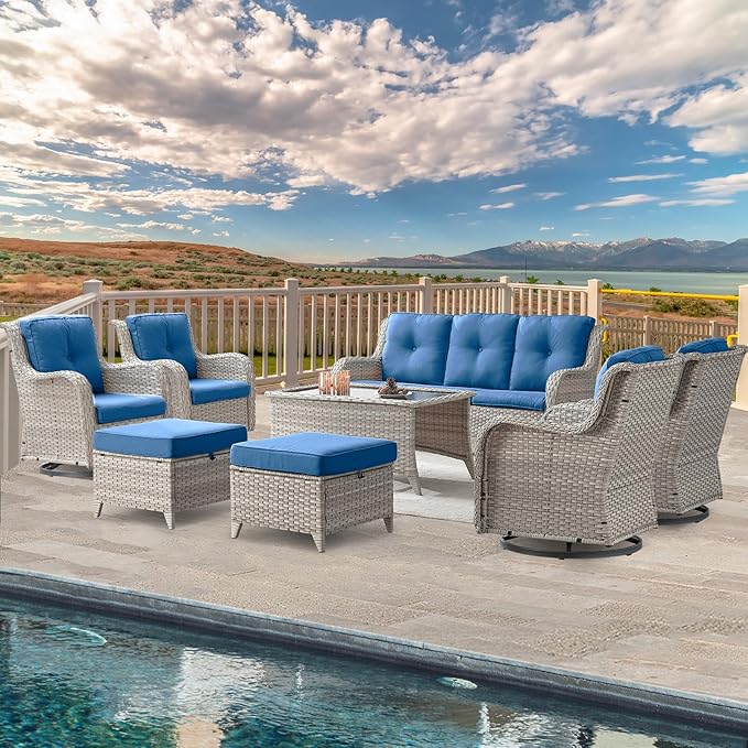 Belord Wicker Patio Furniture Sets - 8 Piece Outdoor Rattan Furniture Conversation Sets with 4 Swivel Rocker Chairs, Rattan Sofa, Wicker Ottomans and Coffee Table, Light Grey/Blue