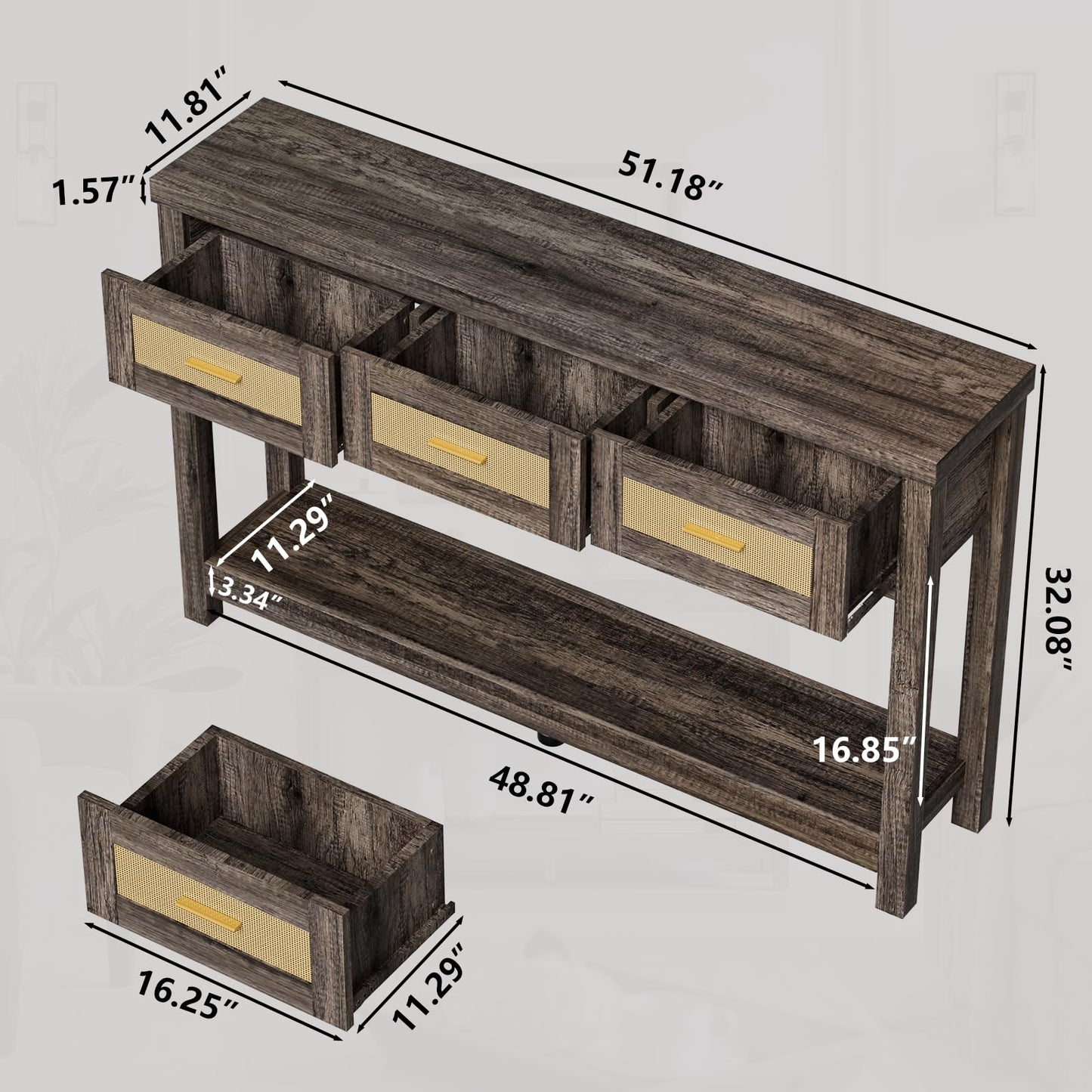 Alaxgumrol 51.2" Console Table, Industrial 2-Tier Narrow Sofa Table Entryway Table with 3 Drawers, Wood Accent Tables with Storage Shelf for Living Room, Hallway, Foyer, Entrance Bedroom Gray Oak