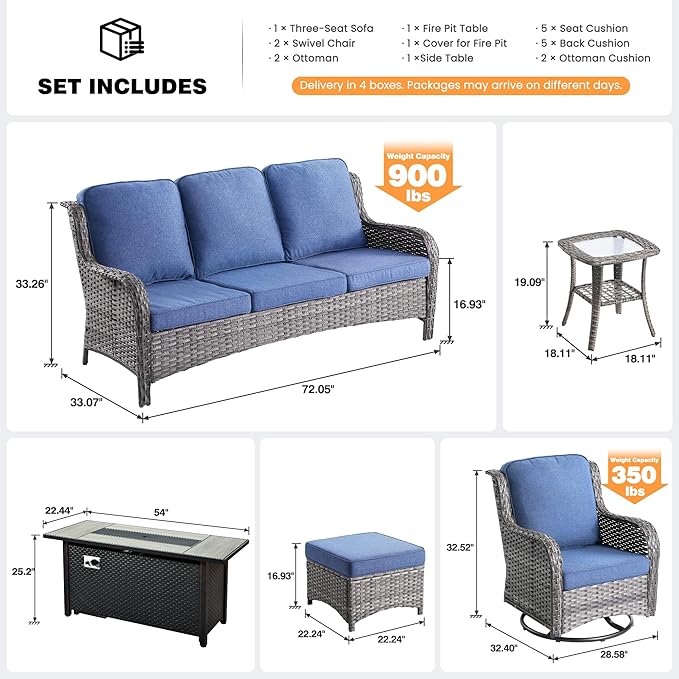 ovios 7 Pieces Patio Furniture Set, Outdoor Wicker Sofa Couch with Swivel Chairs 54" Fire Pit Table, High Back Modern All Weather Conversation Sets, Grey Rattan, Denim Blue