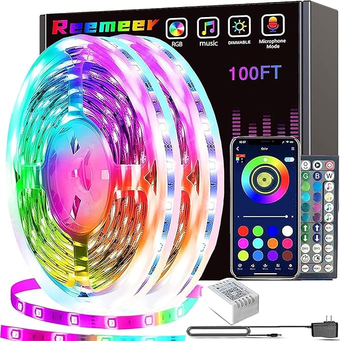 REEMEER Led Lights 100ft Smart APP Control Music Sync Strip Lights RGB Color Changing Strips with Remote, for Bedroom Kitc...