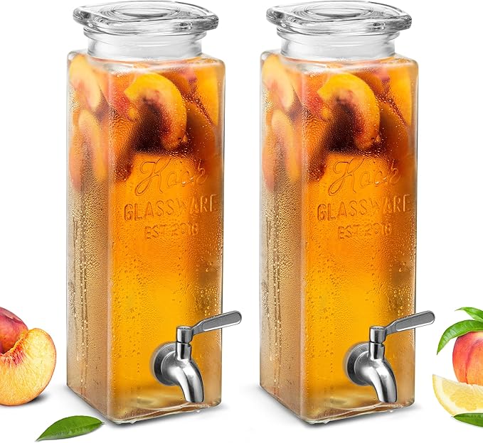 Kook Glass Drink Dispenser, with Leak-Proof Stainless Steel Spigot, Clear Rectangular Mason Jar, Beverage Storage for Frid...