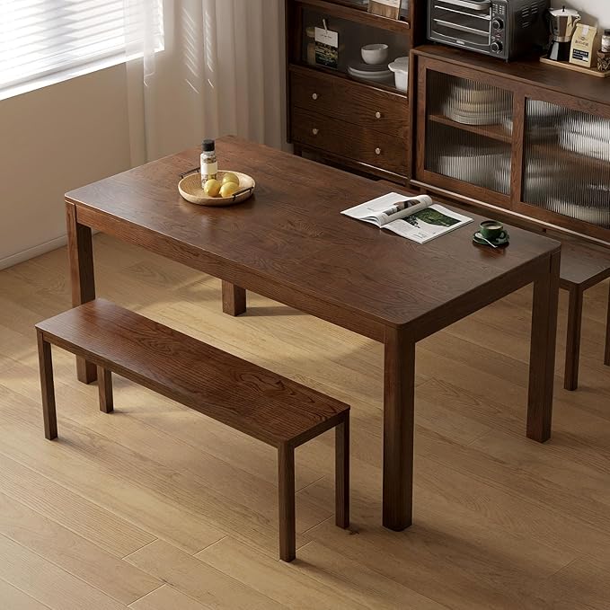 Vadisun 100% Solid Oak Wood Dining Bench, 47.3'' Entryway Bench Extra Chair Seat Long Ottoman with Squre End & Round Corner for Kitchen Living Room Bedroom, Walnut