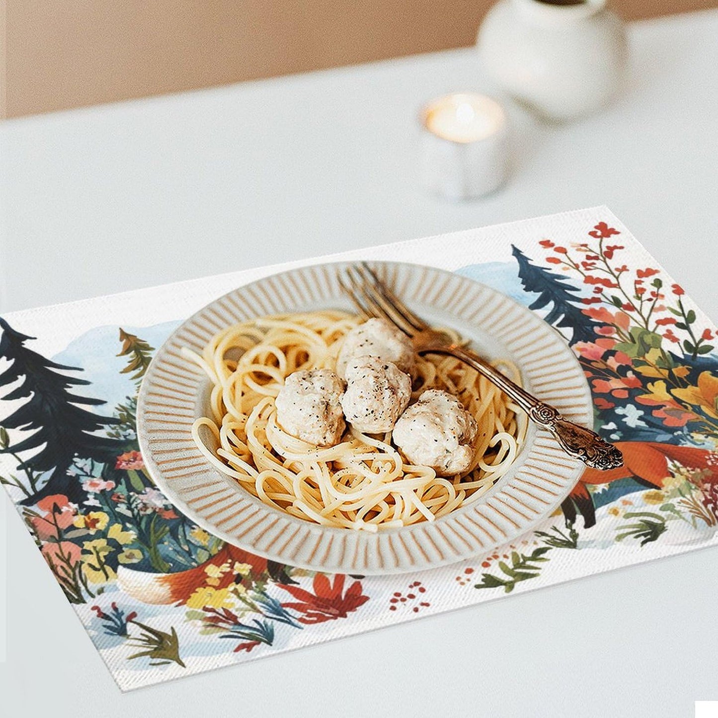 Fox Animal Placemats Set of 4 Winter Forest Landscape Fox Place Mat Machine Washable Place Mats for Dinner Table Mats 4 PCS
