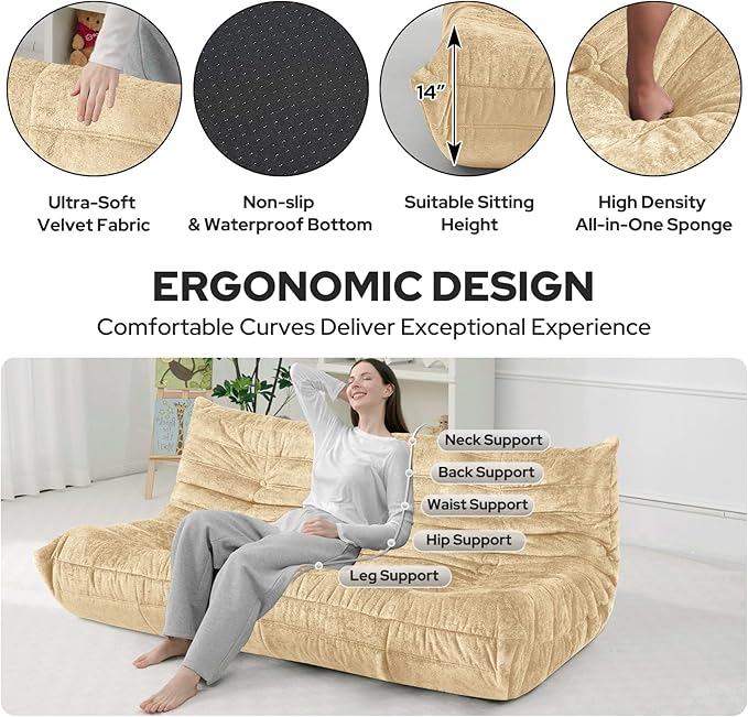 HABUTWAY Bean Bag Chair, Giant Bean Bag Chairs for Adults, 3 Seater Fireside Chair, Lazy Large Floor Bean Bag Sofa for Living Room, Bedroom, Dorm, Office (Khaki)