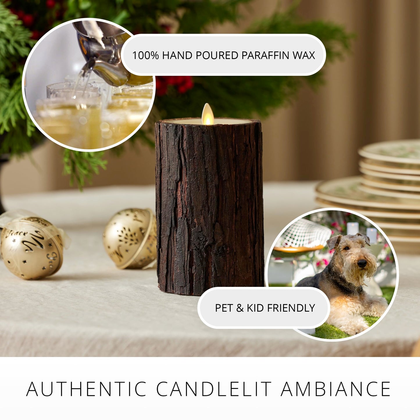 Luminara Real Bark Flameless LED Candle, Ivory 3.5" x 6.5", Moving Flame Battery Operated with Timer, Realistic Wax Pillar for Home Decor, Indoor Safe