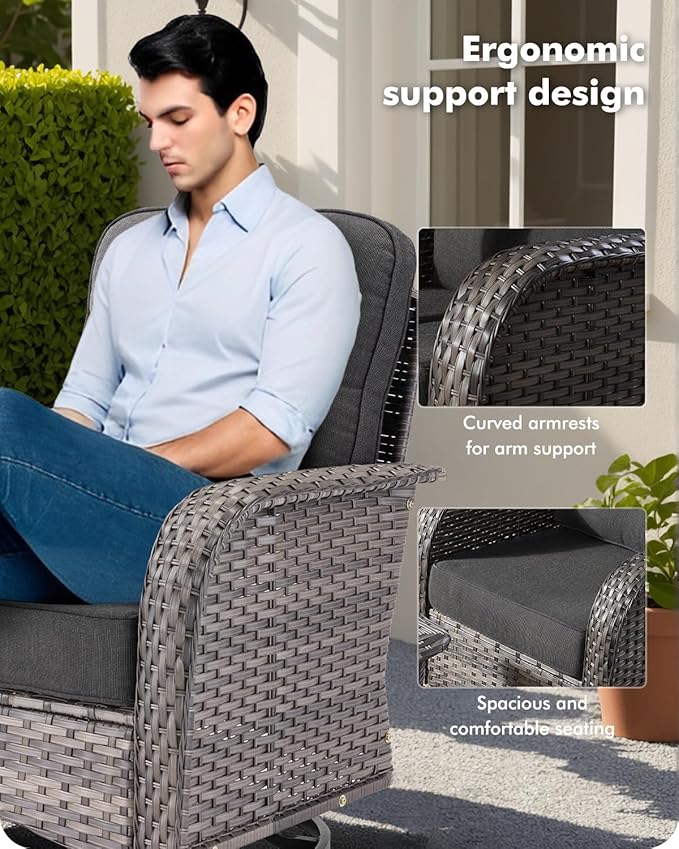 8-Piece Wicker Patio Furniture Set, All-Weather Rattan Conversation Bistro Loveseat Chair and Patio Rockers Set for Backyard, Balcony and Deck with Soft Cushions and Metal Table(Black)